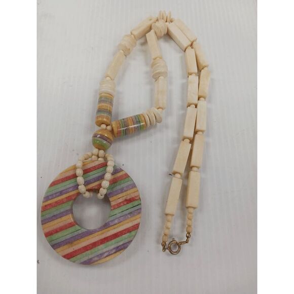 Unique Large Chunky Vintage 60s Long Striped Pendant Necklace - Picture 4 of 7